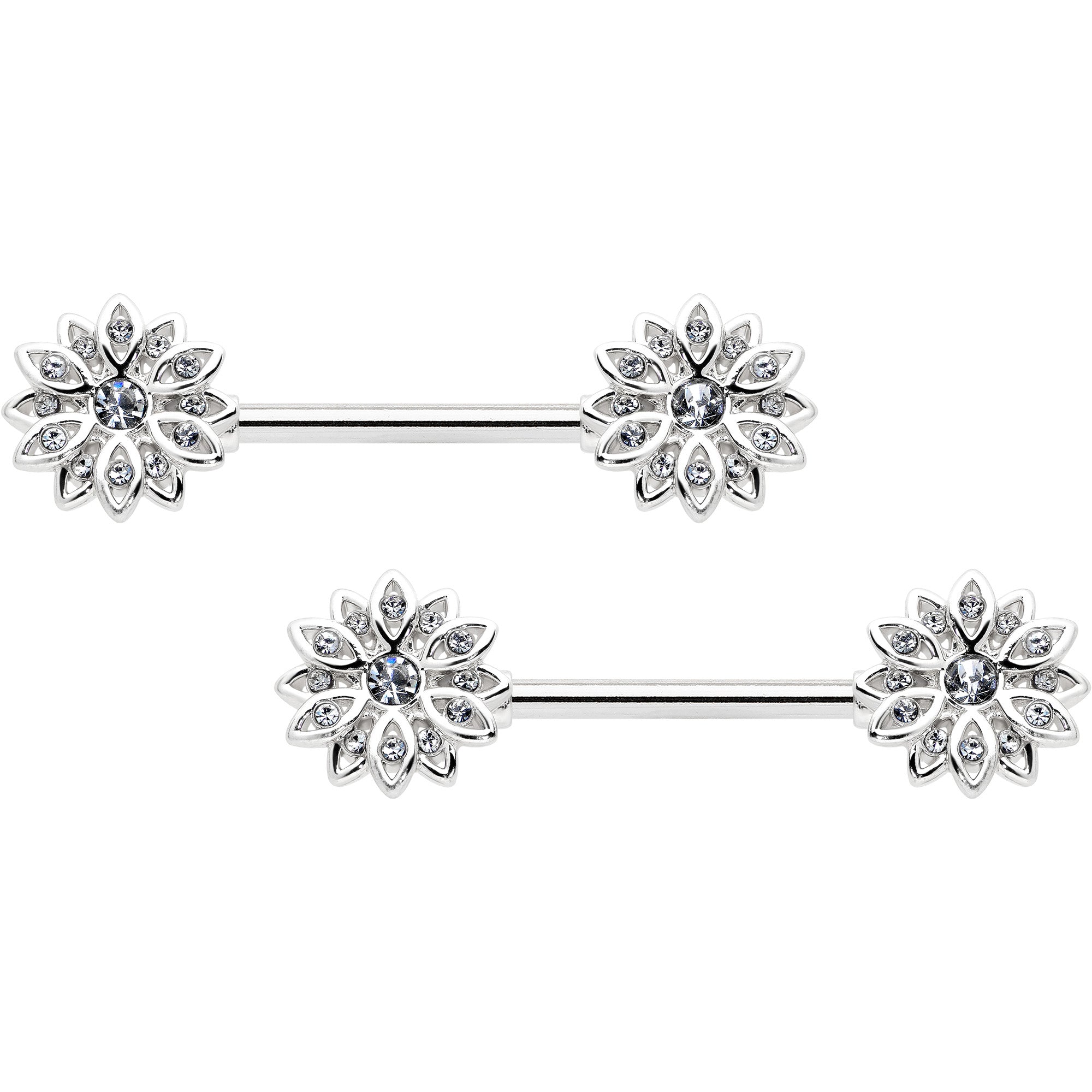 BodyCandy 14G 9/16 Clear Gem Rococo Starry Flower Barbell Nipple Ring Set — main product shot