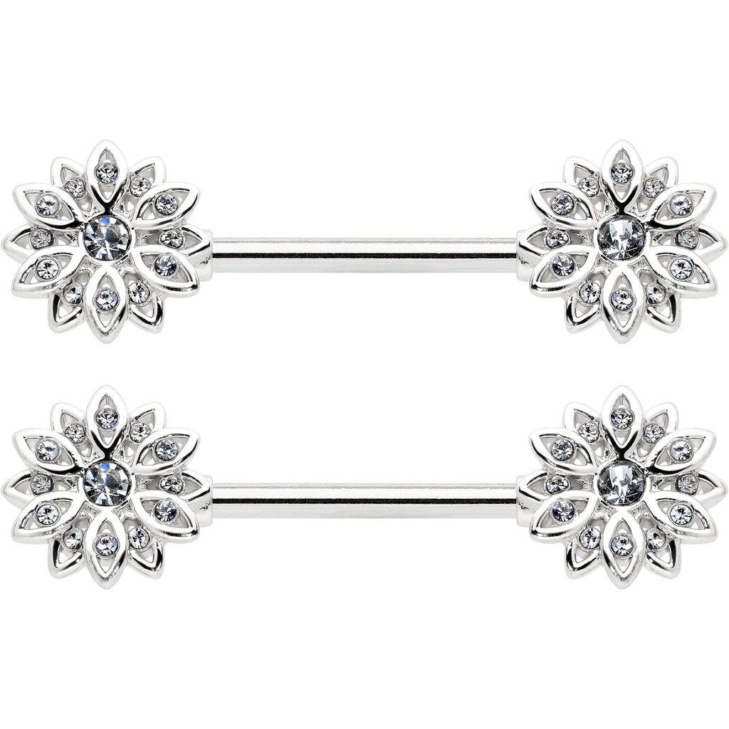 BodyCandy 14G 9/16 Clear Gem Rococo Starry Flower Barbell Nipple Ring Set — detail close-up