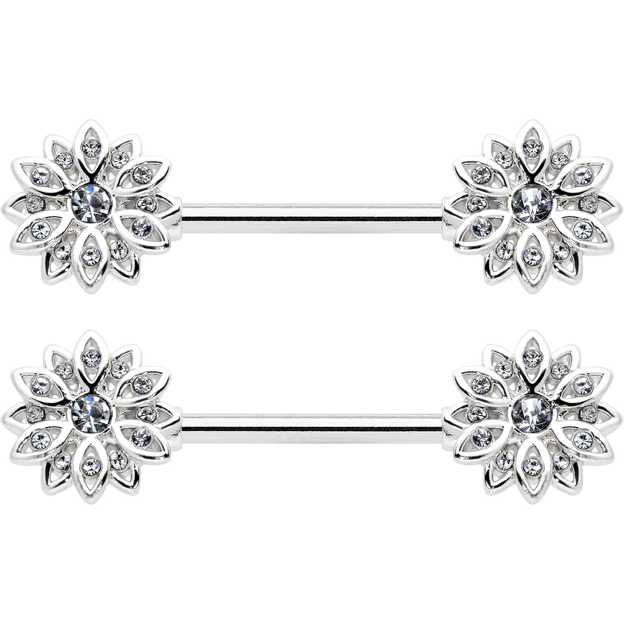 BodyCandy 14G 9/16 Clear Gem Rococo Starry Flower Barbell Nipple Ring Set — detail close-up