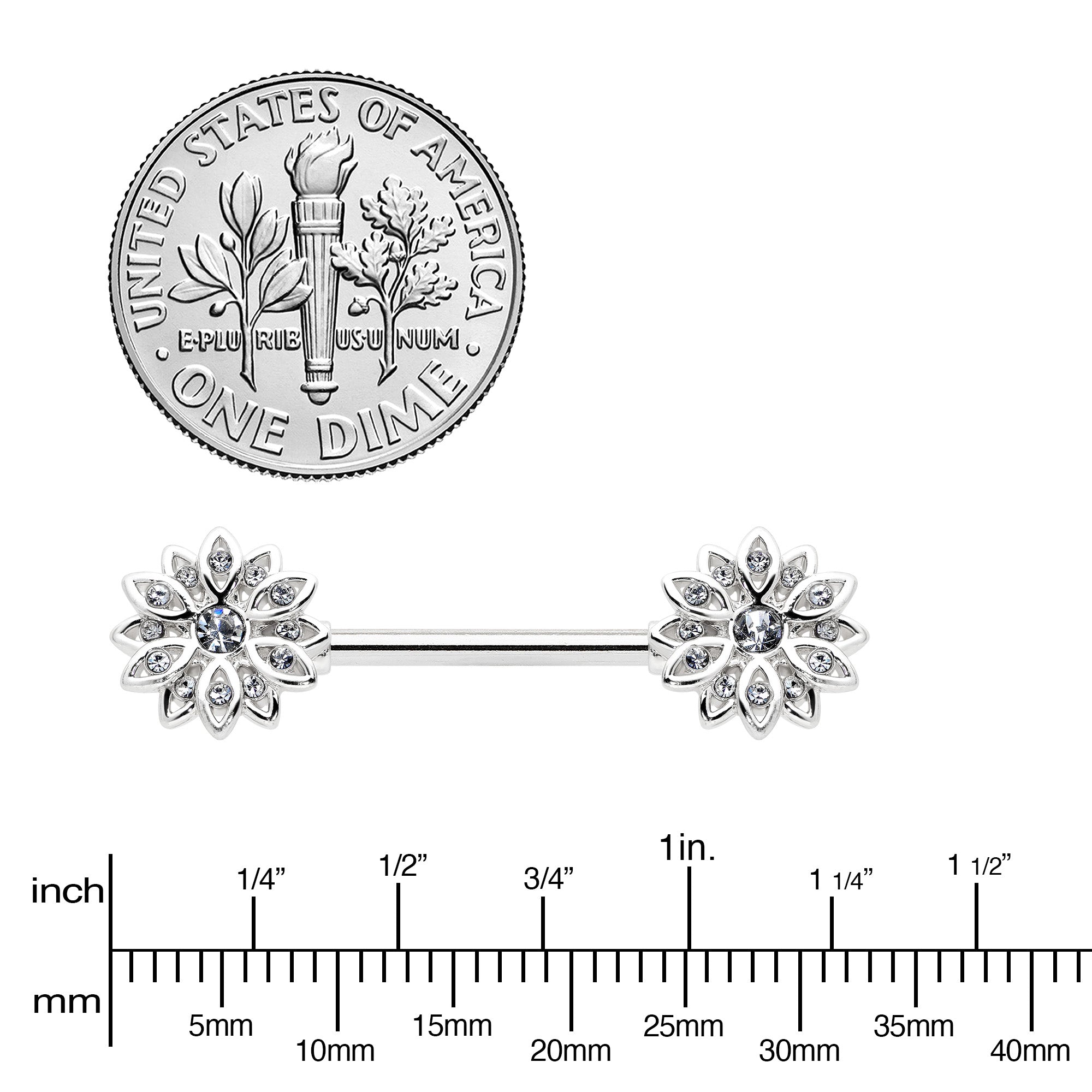 BodyCandy 14G 9/16 Clear Gem Rococo Starry Flower Barbell Nipple Ring Set — lifestyle context