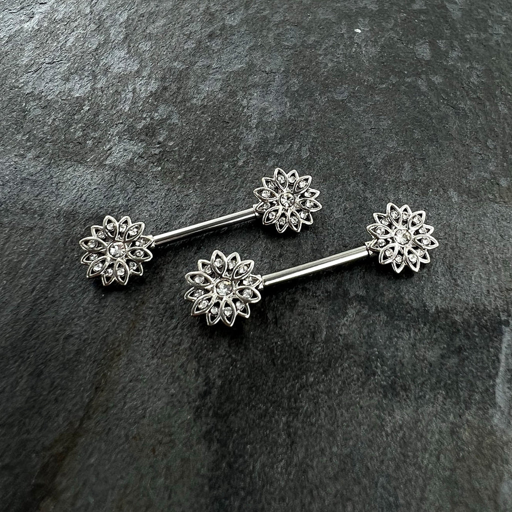 BodyCandy 14G 9/16 Clear Gem Rococo Starry Flower Barbell Nipple Ring Set — side view