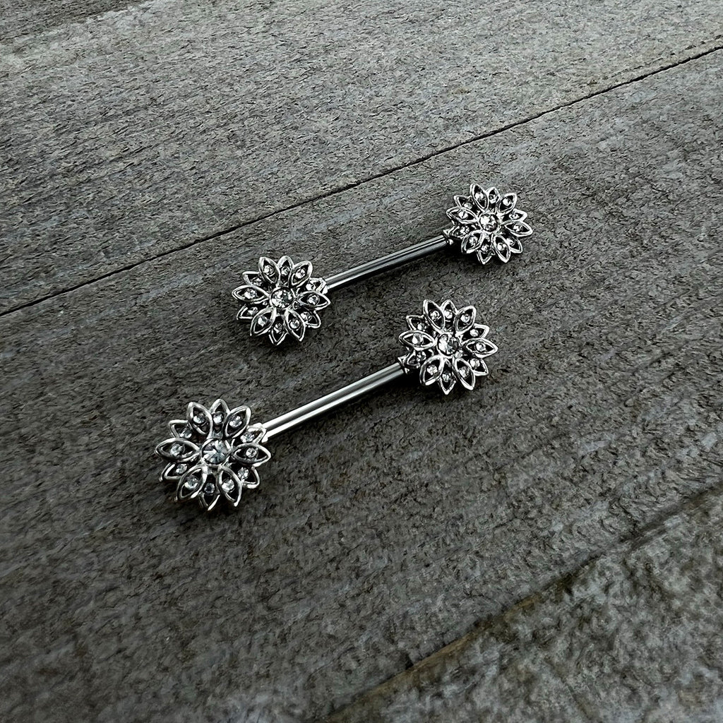 BodyCandy 14G 9/16 Clear Gem Rococo Starry Flower Barbell Nipple Ring Set — back view