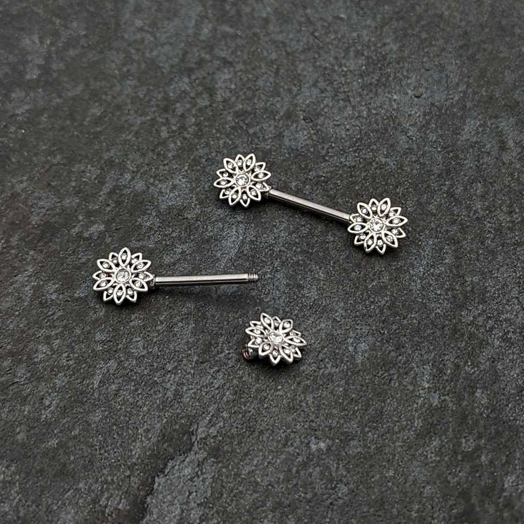 BodyCandy 14G 9/16 Clear Gem Rococo Starry Flower Barbell Nipple Ring Set — alternative angle