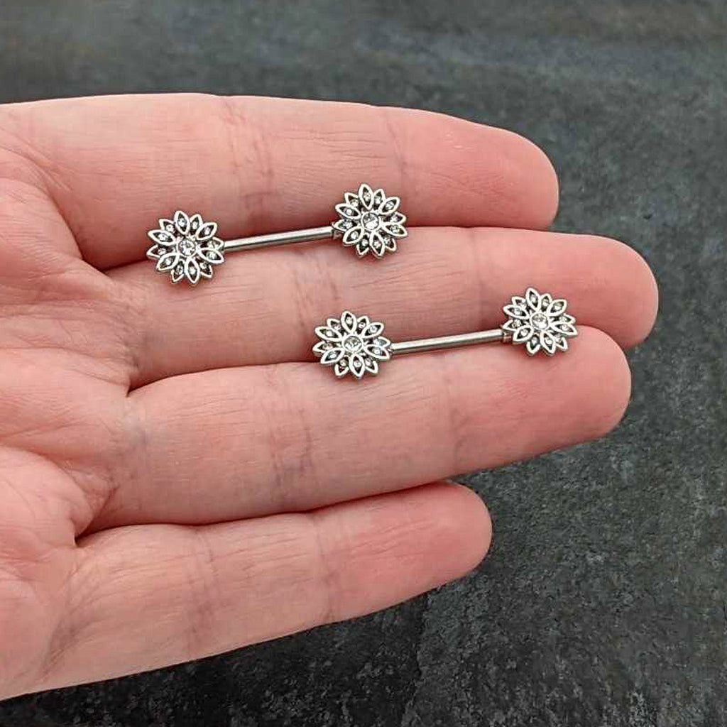 BodyCandy 14G 9/16 Clear Gem Rococo Starry Flower Barbell Nipple Ring Set — in-use photo
