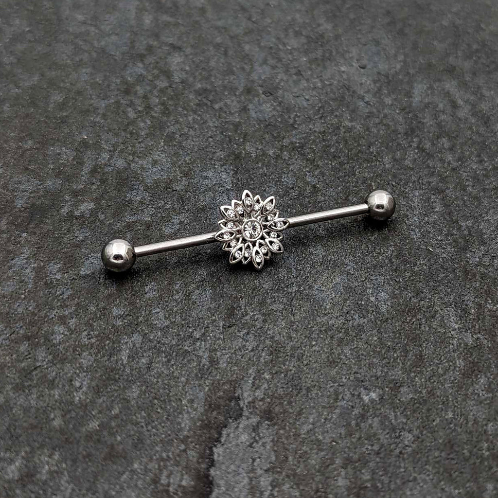 BodyCandy 14G Clear Gem Starry Flower Industrial Barbell 38mm — side view