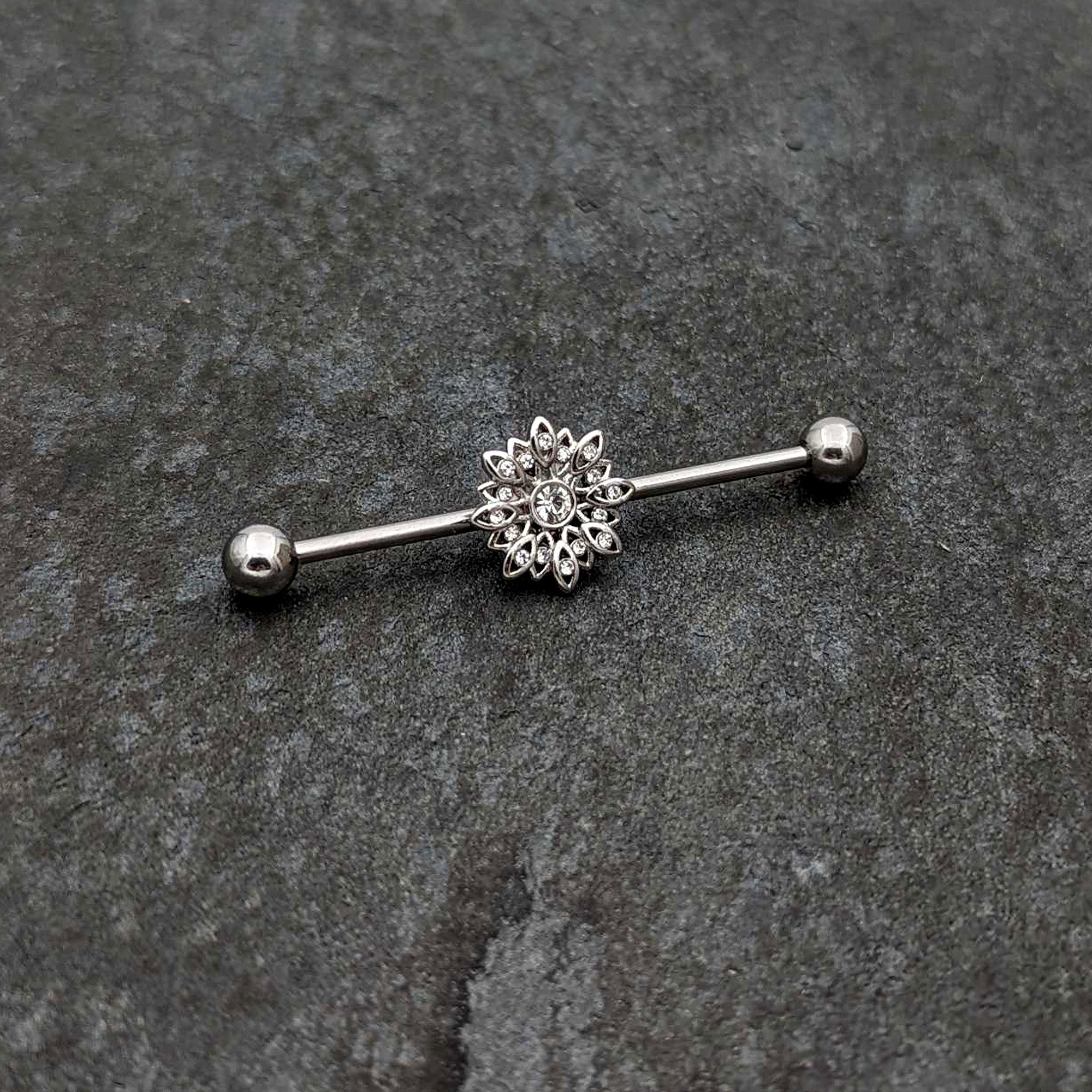 BodyCandy 14G Clear Gem Starry Flower Industrial Barbell 38mm — side view