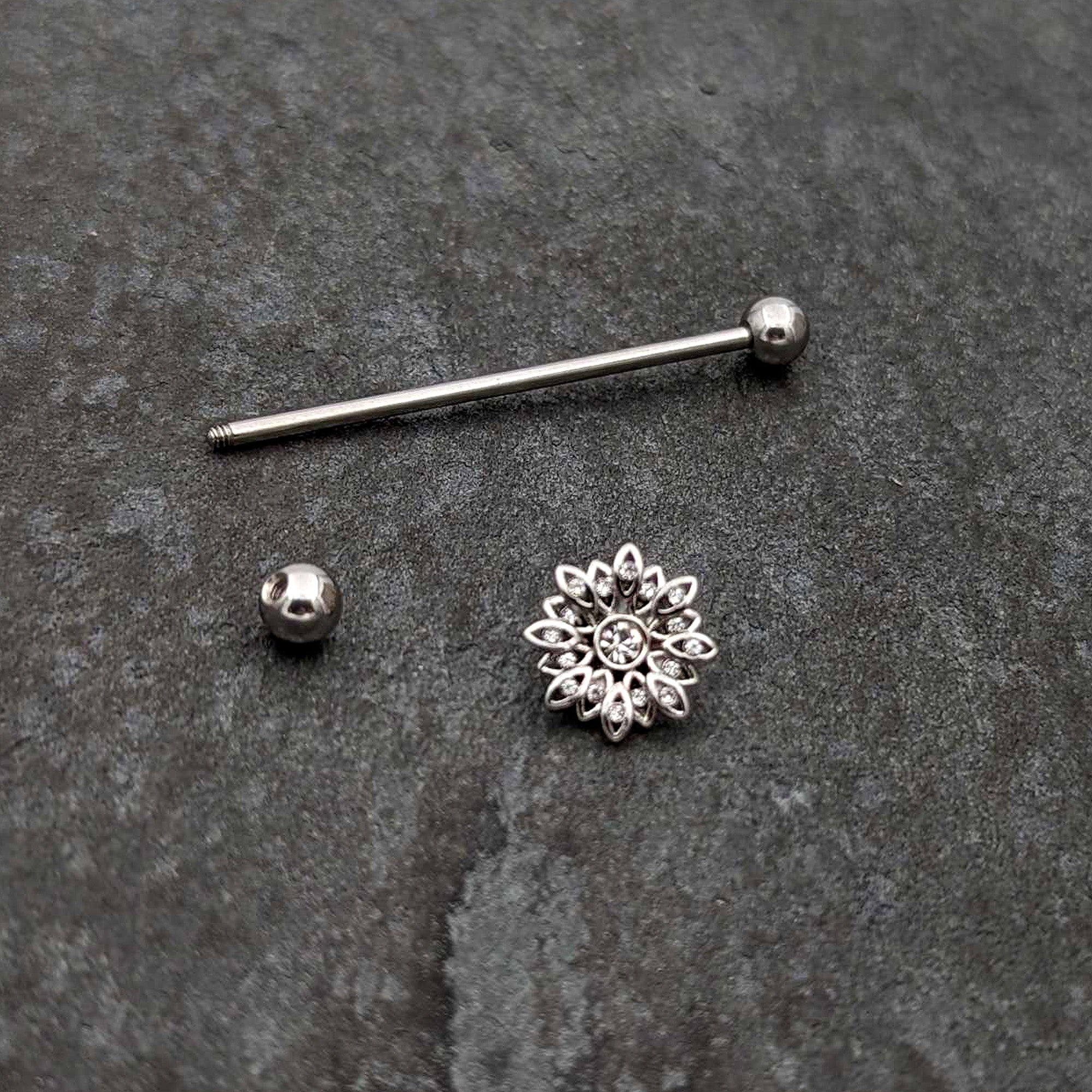 BodyCandy 14G Clear Gem Starry Flower Industrial Barbell 38mm — back view