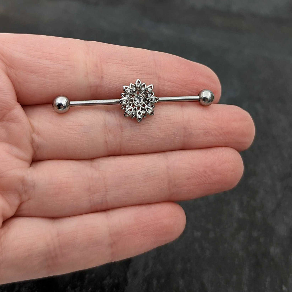 BodyCandy 14G Clear Gem Starry Flower Industrial Barbell 38mm — in-use photo