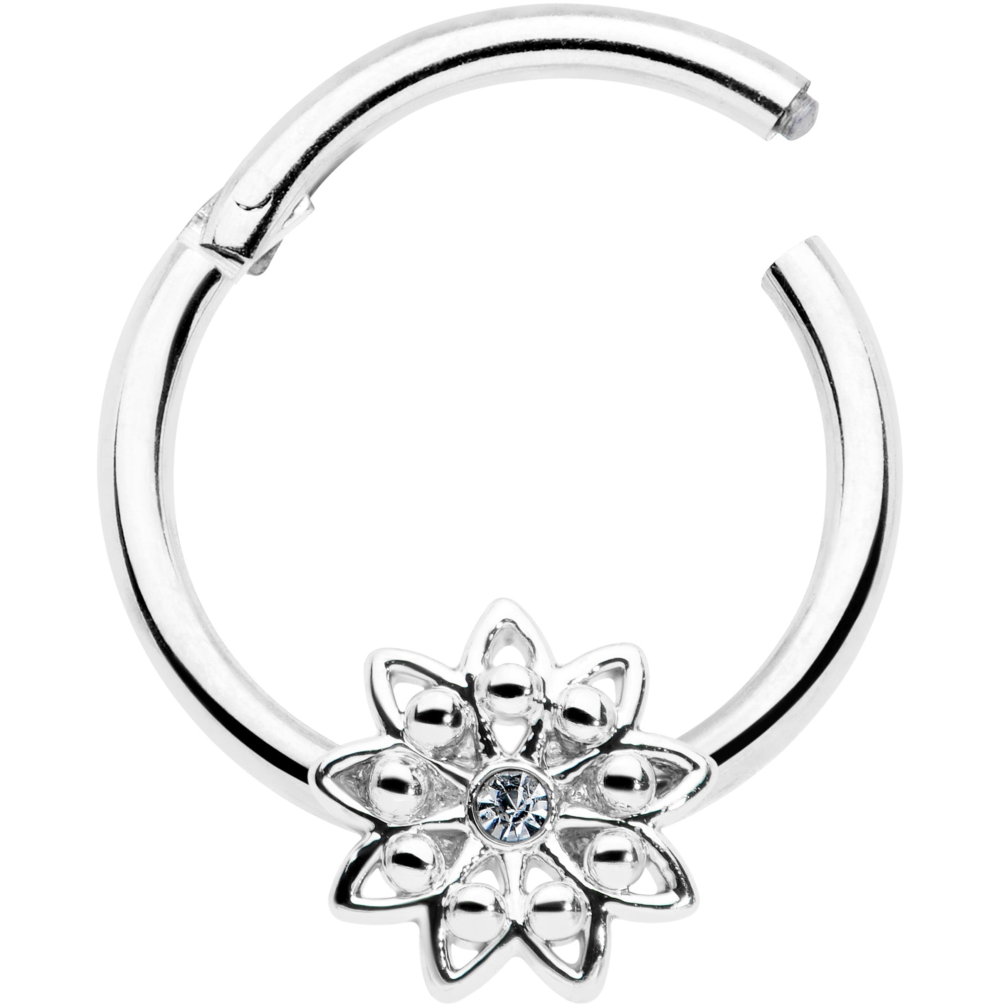 BodyCandy 16G 3/8 Clear Gem Starry Flower Hinged Segment Ring — detail close-up