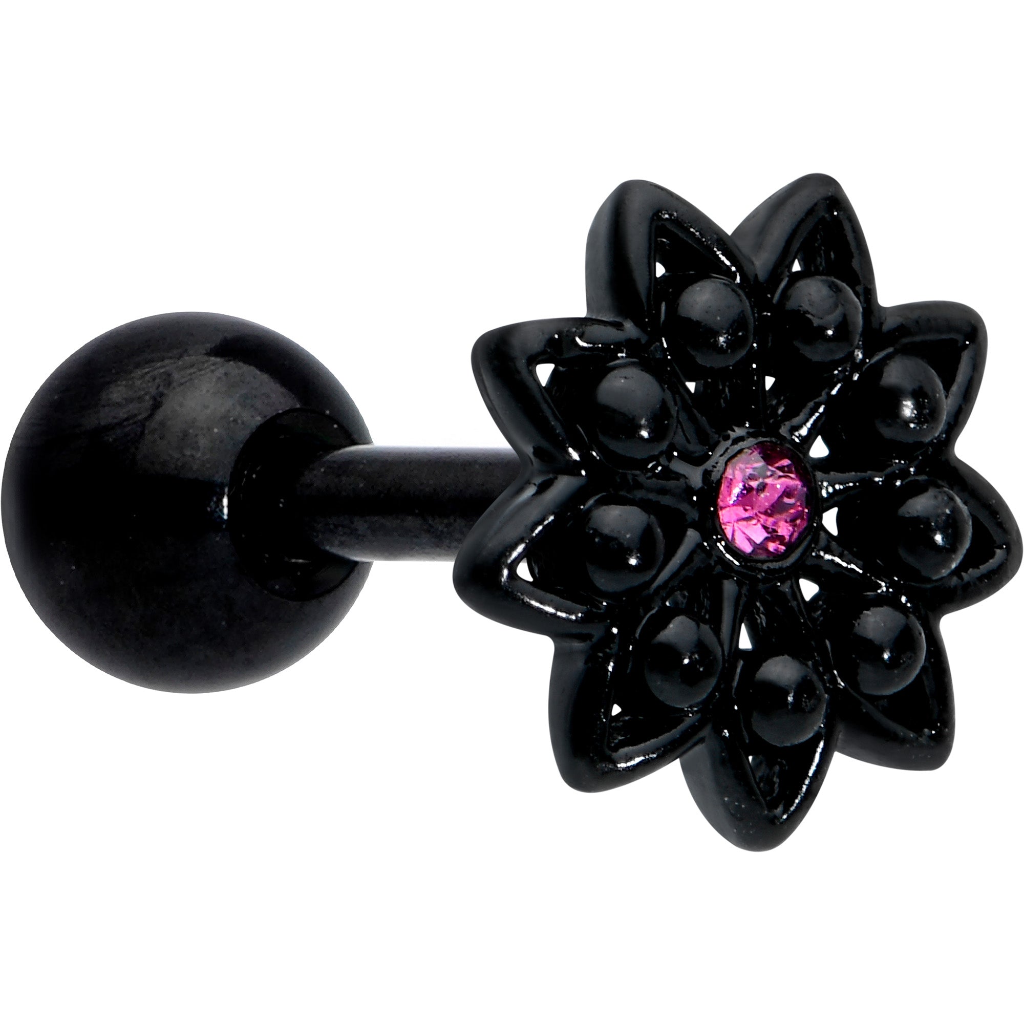 BodyCandy 16G 1/4 Pink Gem Black Midnight Flower Cartilage Tragus Earring — main product shot