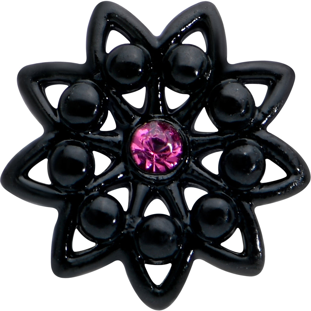 BodyCandy 16G 1/4 Pink Gem Black Midnight Flower Cartilage Tragus Earring — detail close-up