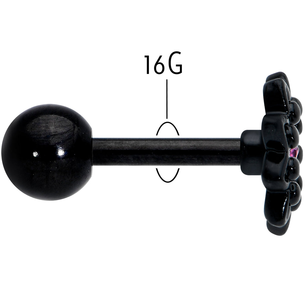BodyCandy 16G 1/4 Pink Gem Black Midnight Flower Cartilage Tragus Earring — back view