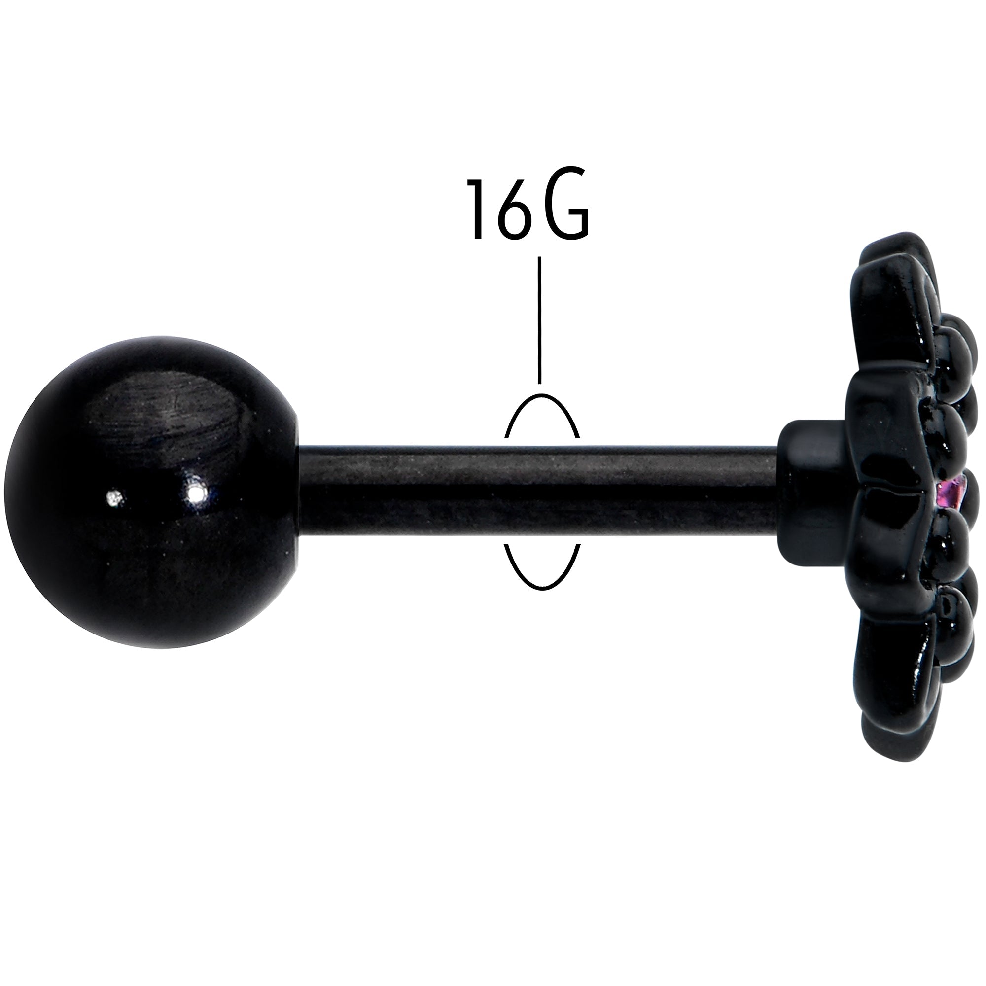BodyCandy 16G 1/4 Pink Gem Black Midnight Flower Cartilage Tragus Earring — back view