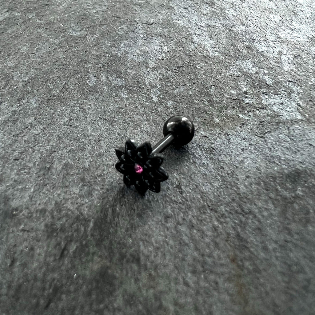 BodyCandy 16G 1/4 Pink Gem Black Midnight Flower Cartilage Tragus Earring — alternative angle