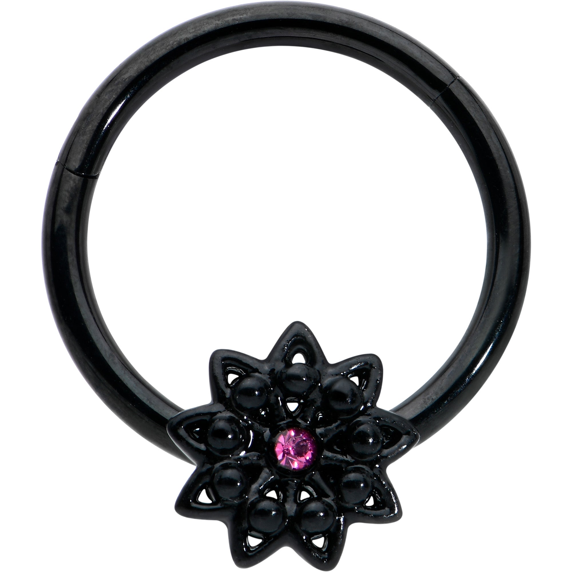 BodyCandy 16G 3/8 Pink Gem Black Starry Flower Hinged Segment Ring — main product shot
