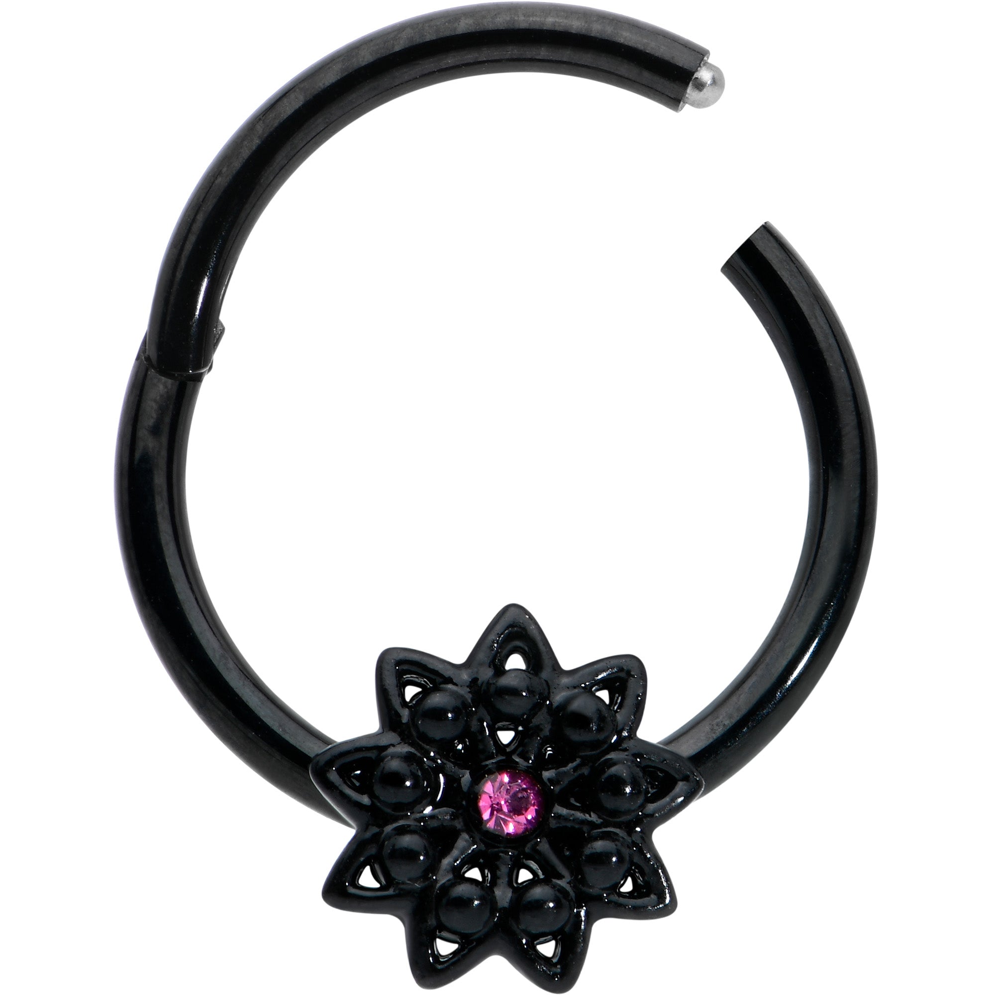 BodyCandy 16G 3/8 Pink Gem Black Starry Flower Hinged Segment Ring — detail close-up