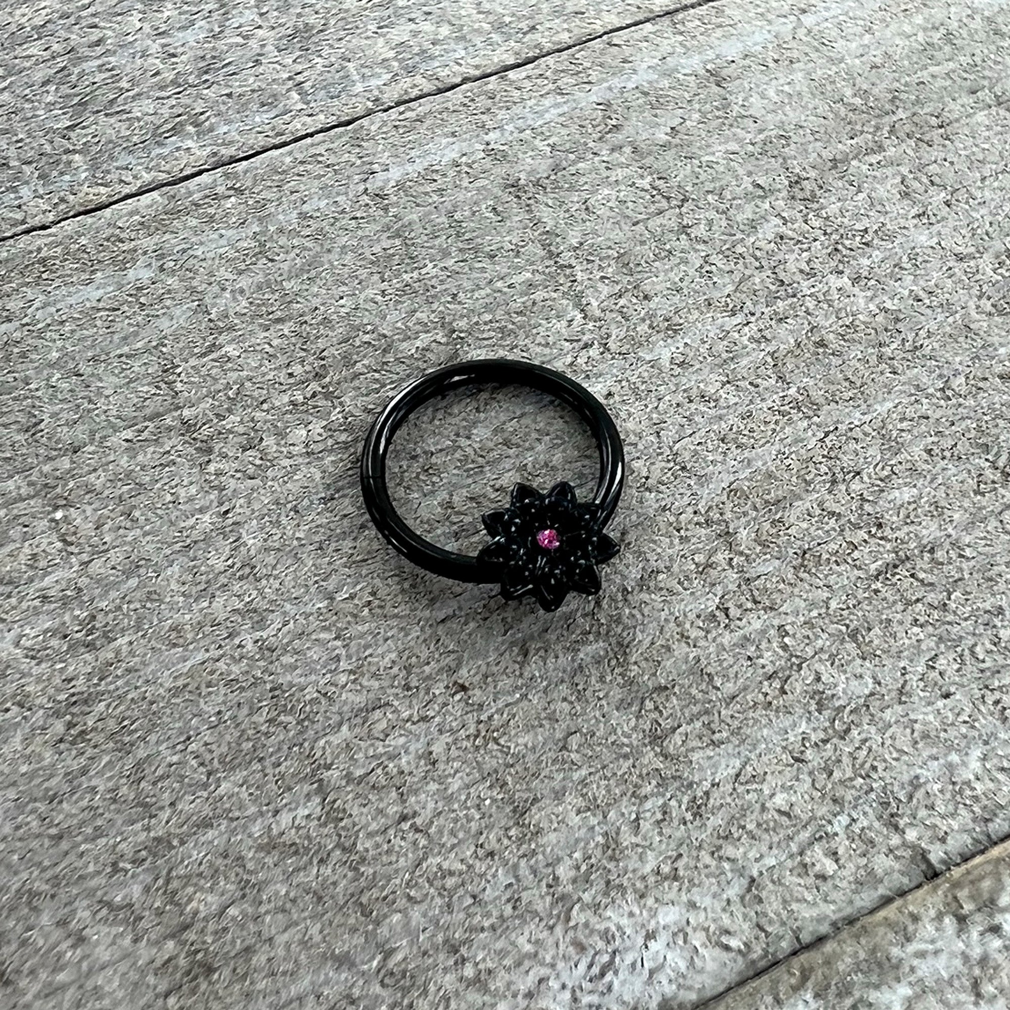 BodyCandy 16G 3/8 Pink Gem Black Starry Flower Hinged Segment Ring — alternative angle