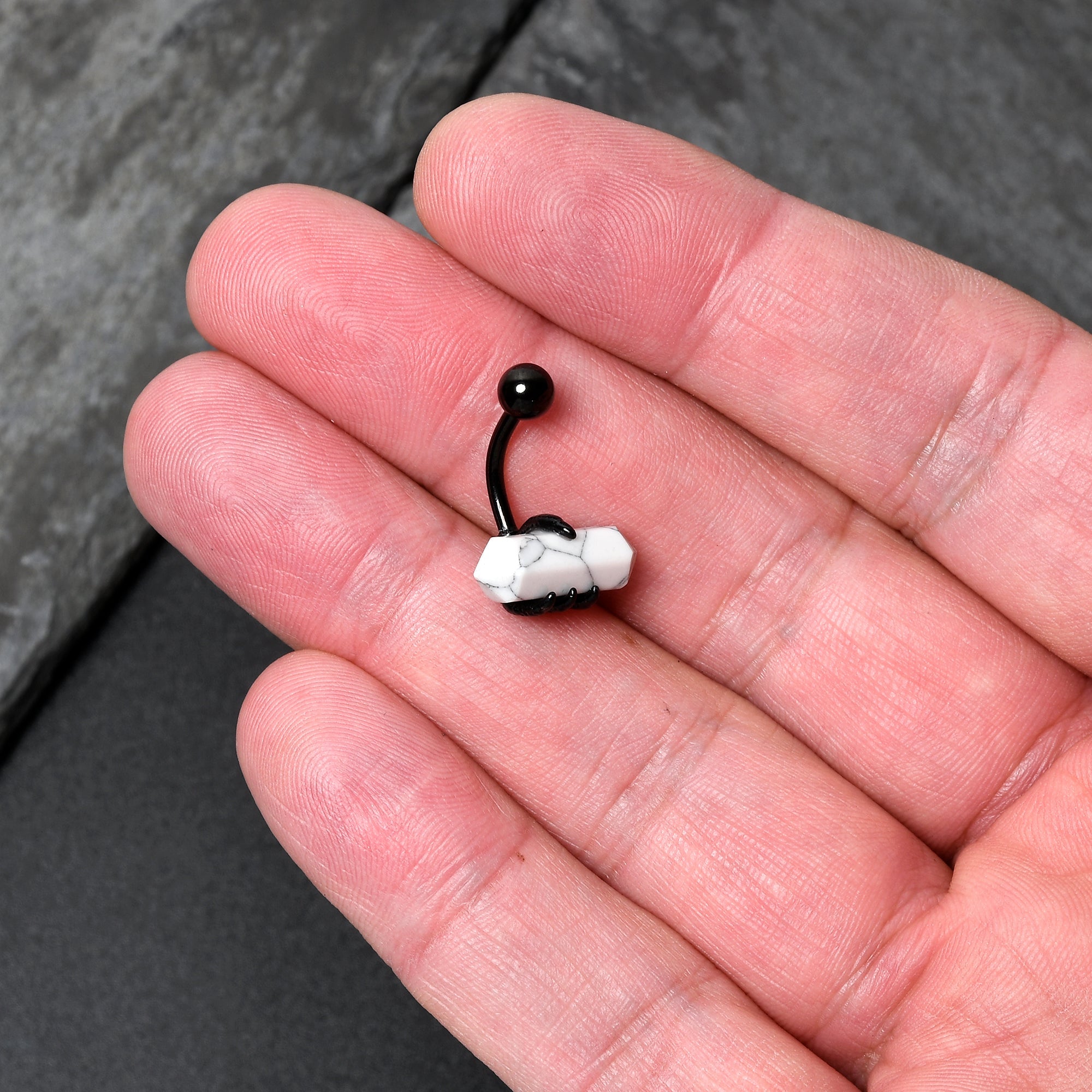 BodyCandy White Howlite Stone Black Claw Belly Ring — detail close-up