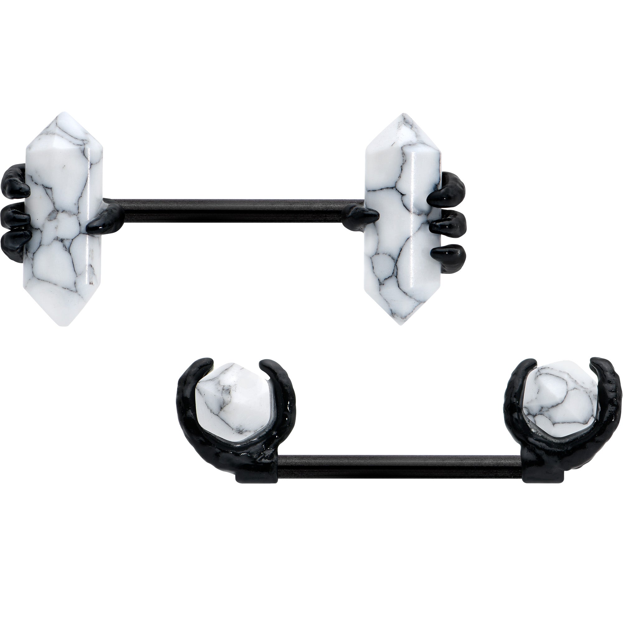 BodyCandy 14G 9/16 White Howlite Black Claw Barbell Nipple Ring Set — alternative angle