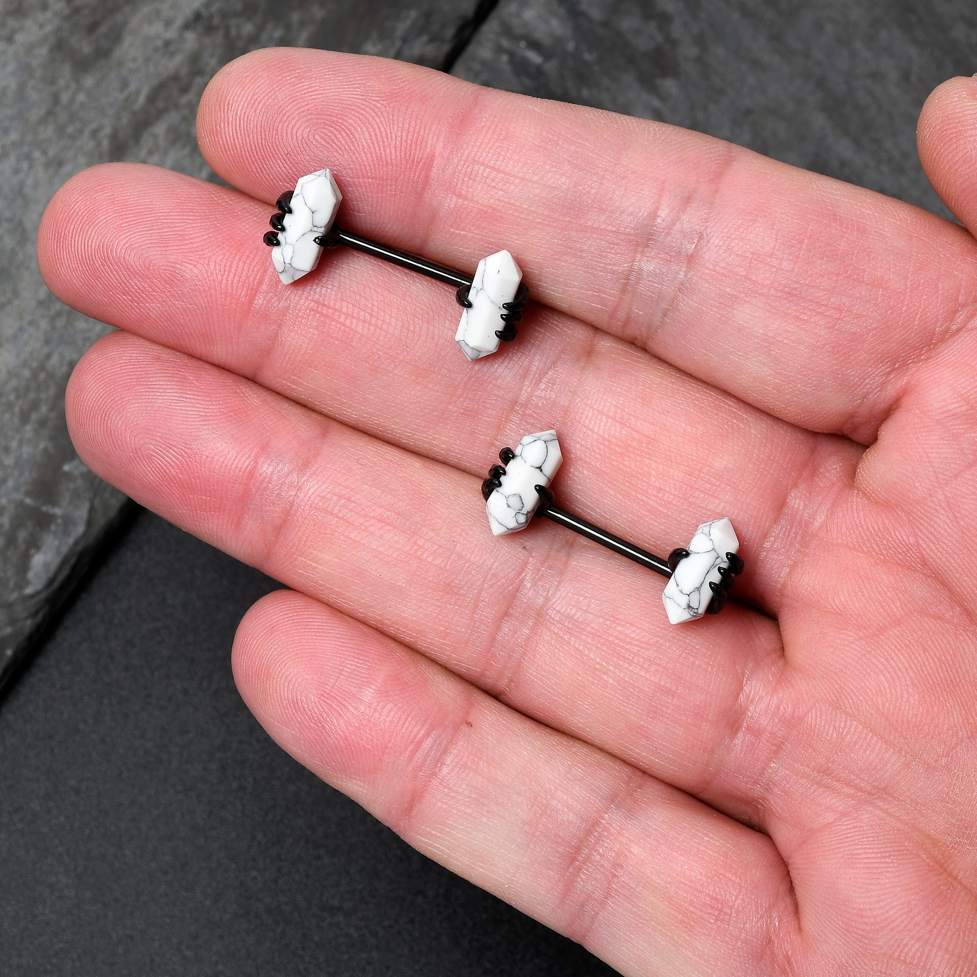 BodyCandy 14G 9/16 White Howlite Black Claw Barbell Nipple Ring Set — back view
