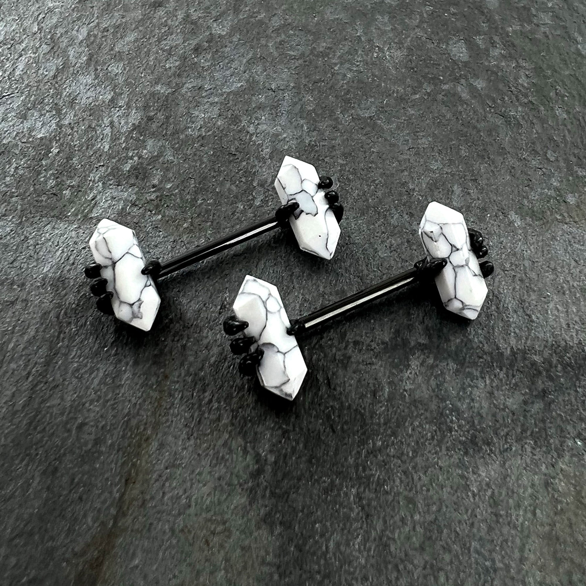 BodyCandy 14G 9/16 White Howlite Black Claw Barbell Nipple Ring Set — comparison shot