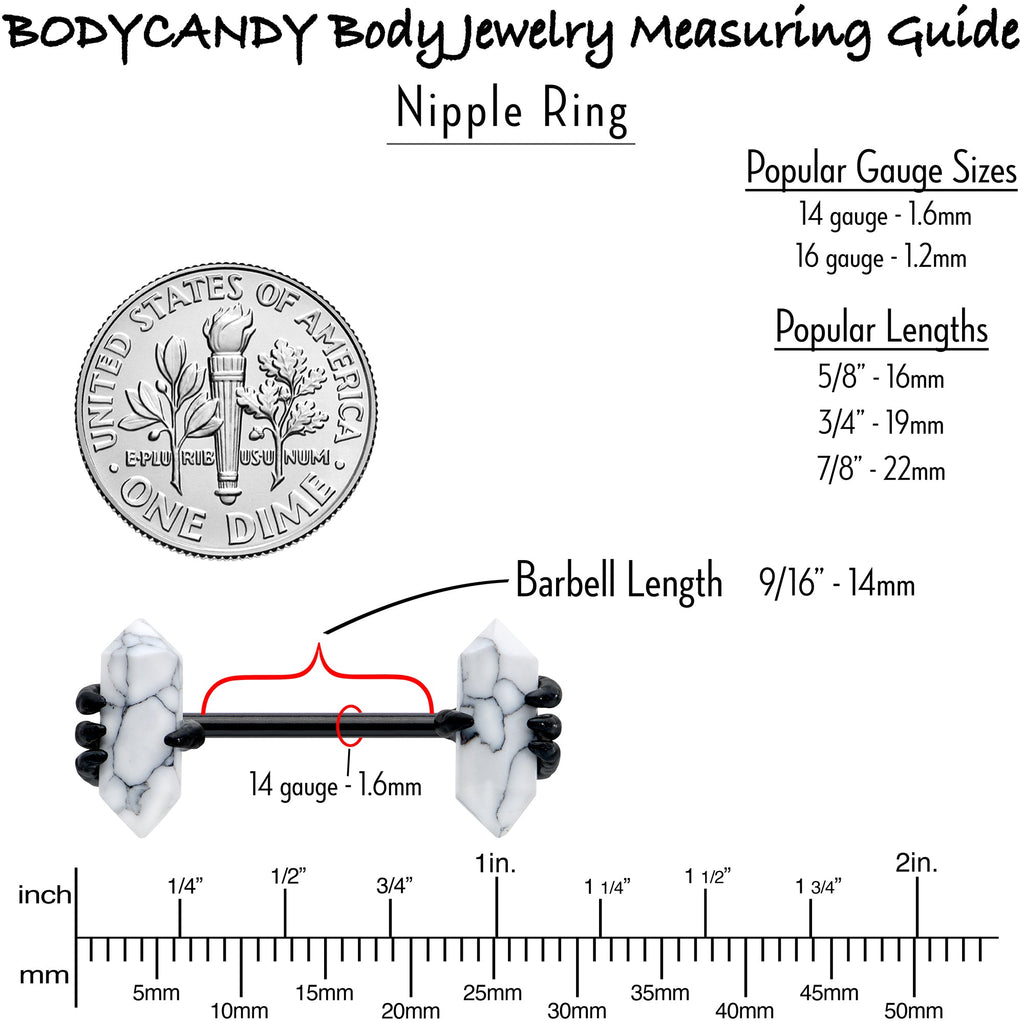 BodyCandy 14G 9/16 White Howlite Black Claw Barbell Nipple Ring Set — side view