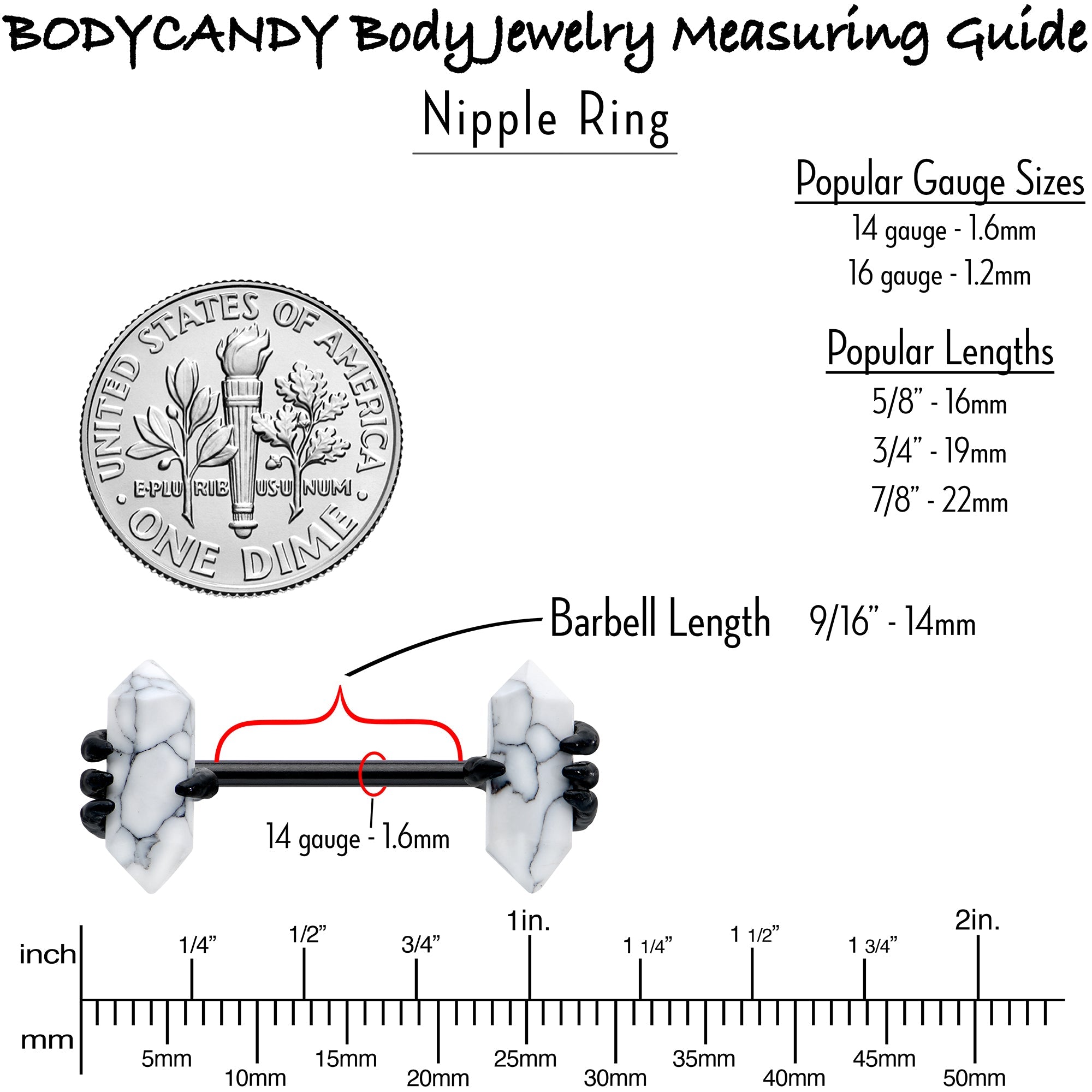 BodyCandy 14G 9/16 White Howlite Black Claw Barbell Nipple Ring Set — side view