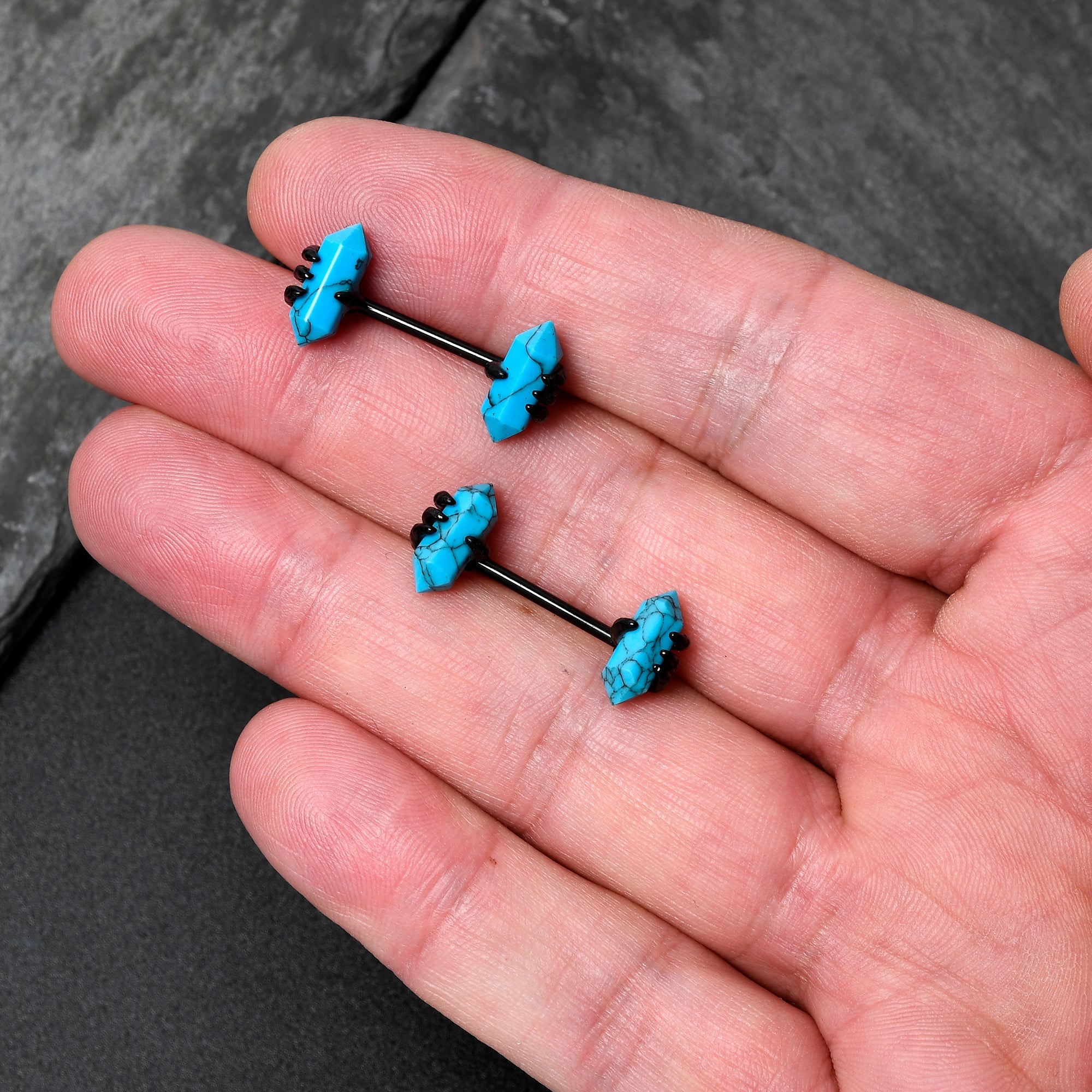 BodyCandy 14G 9/16 Blue Turquoise Black Claw Barbell Nipple Ring Set — detail close-up