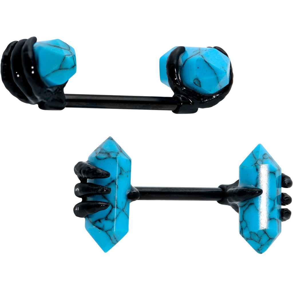 BodyCandy 14G 9/16 Blue Turquoise Black Claw Barbell Nipple Ring Set — in-use photo