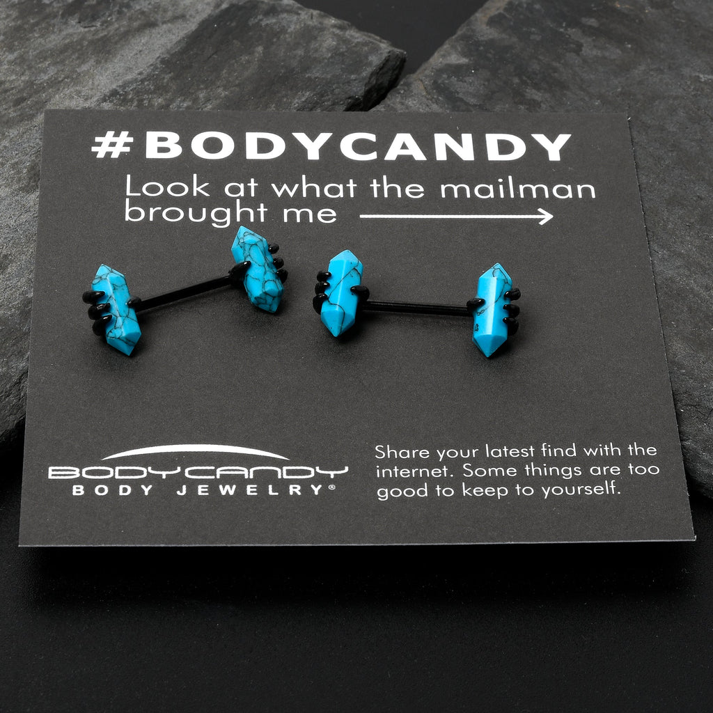 BodyCandy 14G 9/16 Blue Turquoise Black Claw Barbell Nipple Ring Set — side view