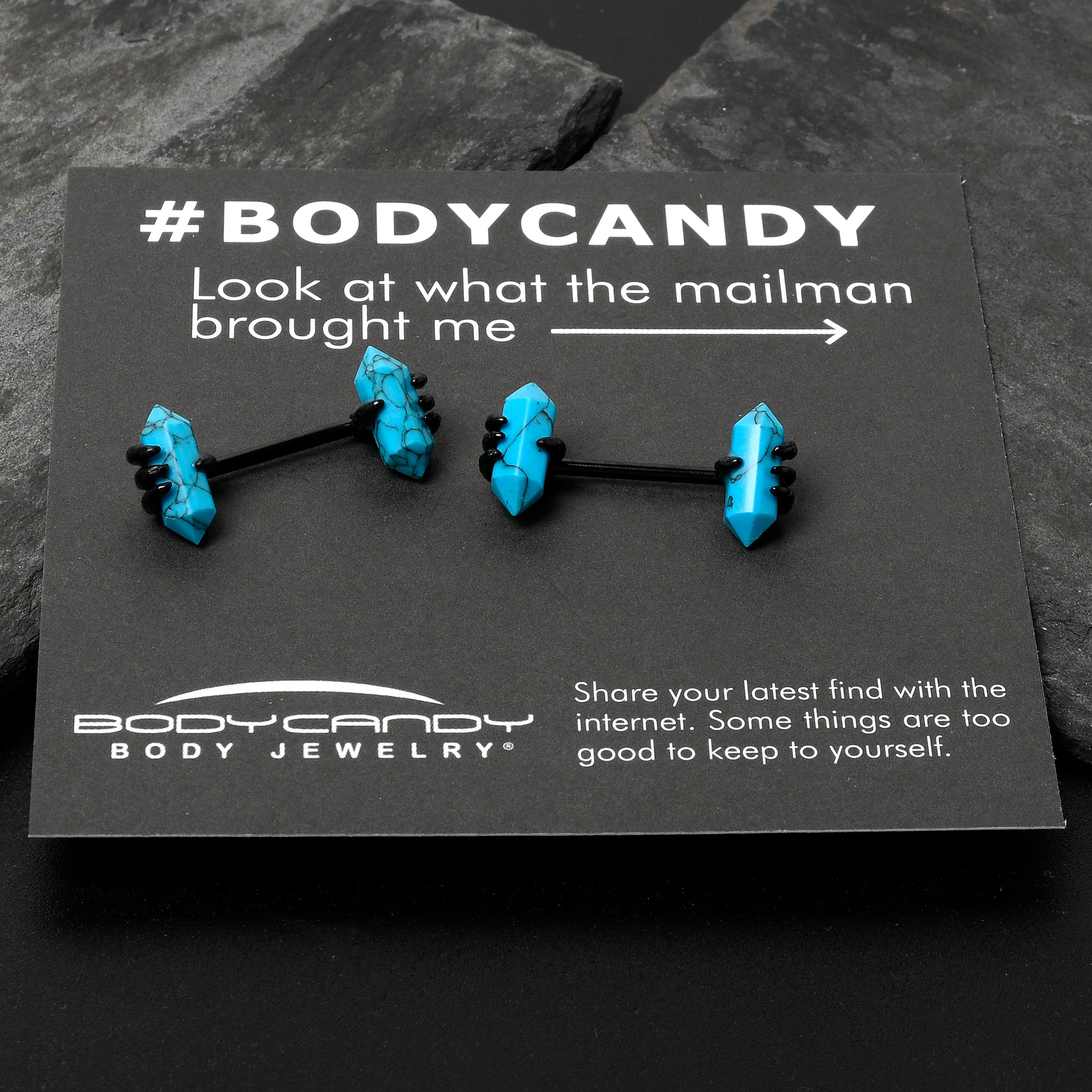 BodyCandy 14G 9/16 Blue Turquoise Black Claw Barbell Nipple Ring Set — side view