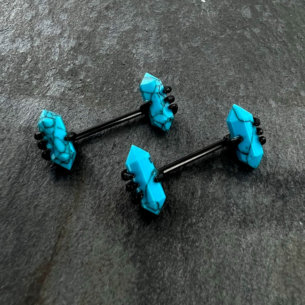 BodyCandy 14G 9/16 Blue Turquoise Black Claw Barbell Nipple Ring Set — color detail