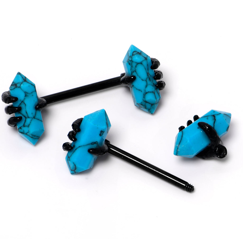 BodyCandy 14G 9/16 Blue Turquoise Black Claw Barbell Nipple Ring Set — back view