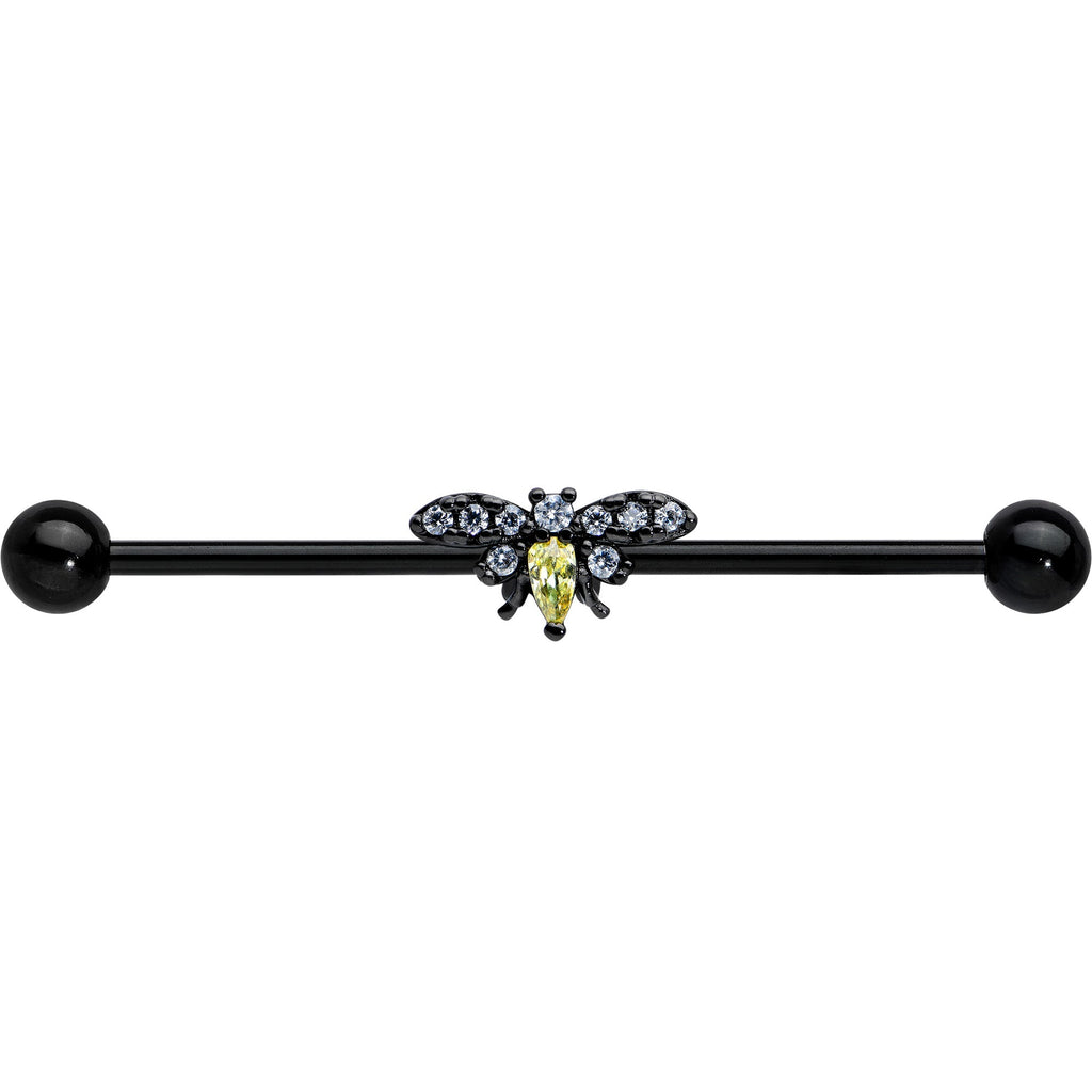 BodyCandy 14G Yellow Clear Gem Black Butterfly Industrial Barbell 38mm — detail close-up