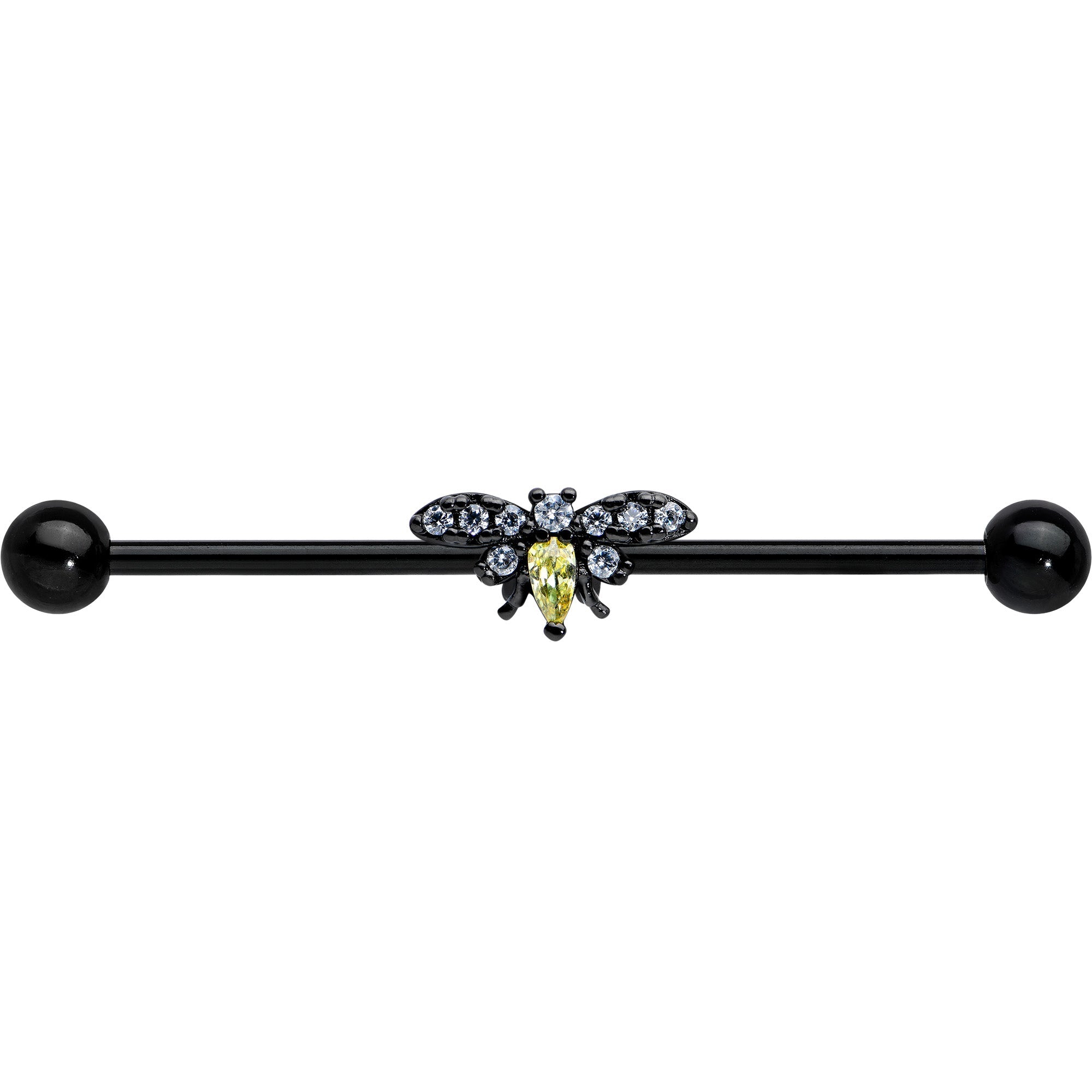 BodyCandy 14G Yellow Clear Gem Black Butterfly Industrial Barbell 38mm — detail close-up