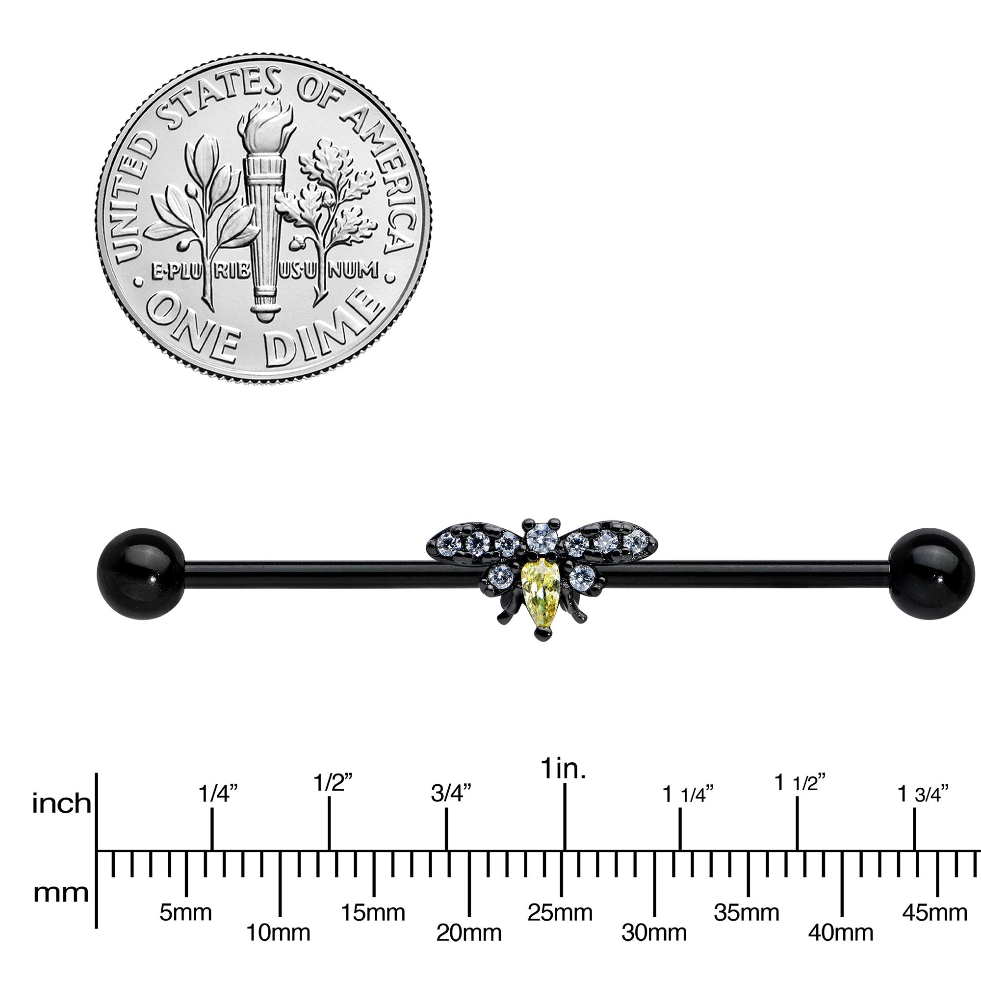 BodyCandy 14G Yellow Clear Gem Black Butterfly Industrial Barbell 38mm — lifestyle context