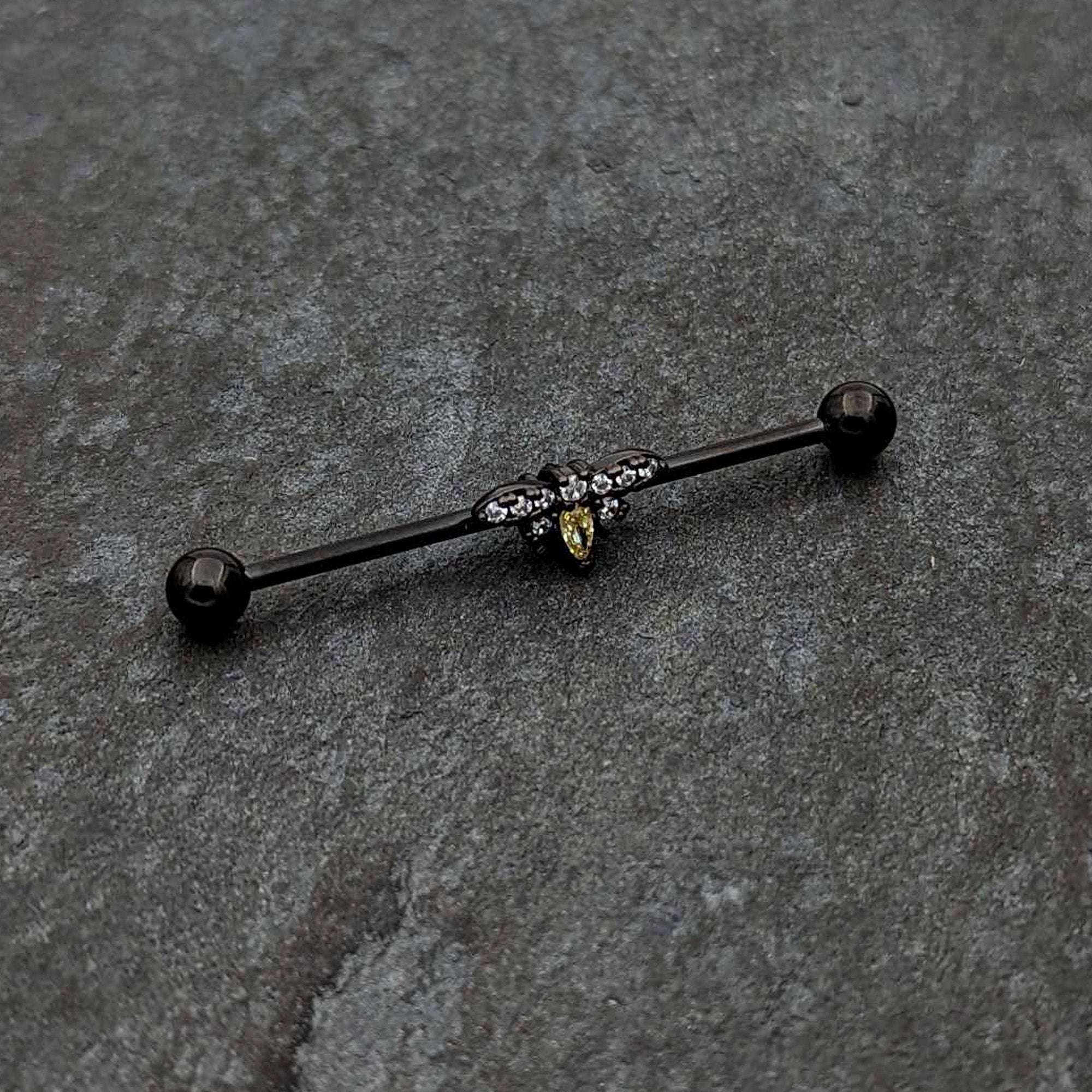 BodyCandy 14G Yellow Clear Gem Black Butterfly Industrial Barbell 38mm — side view
