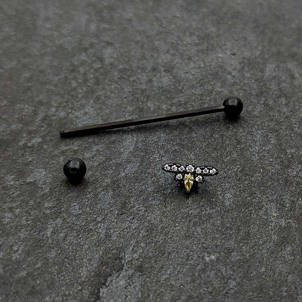 BodyCandy 14G Yellow Clear Gem Black Butterfly Industrial Barbell 38mm — back view