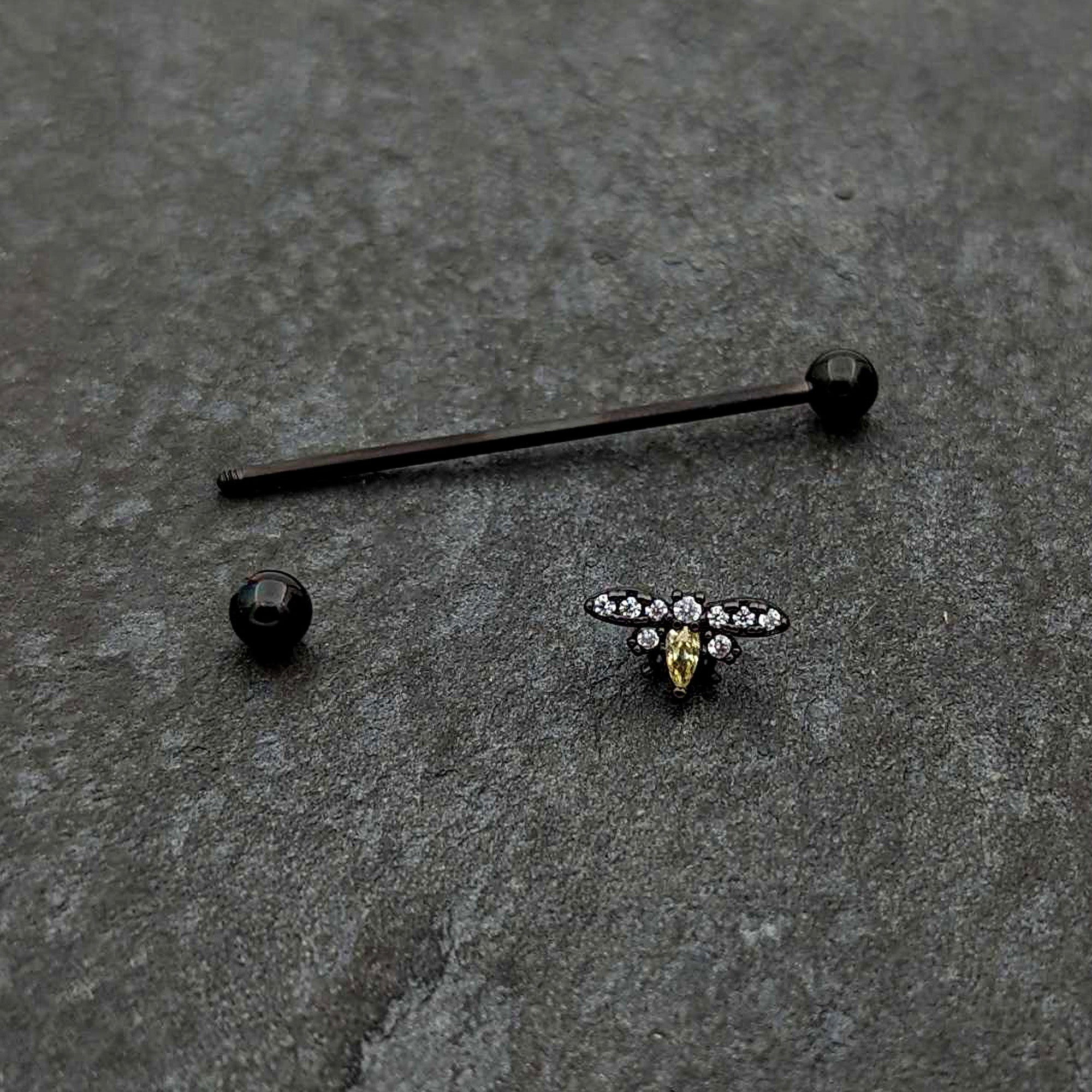 BodyCandy 14G Yellow Clear Gem Black Butterfly Industrial Barbell 38mm — back view