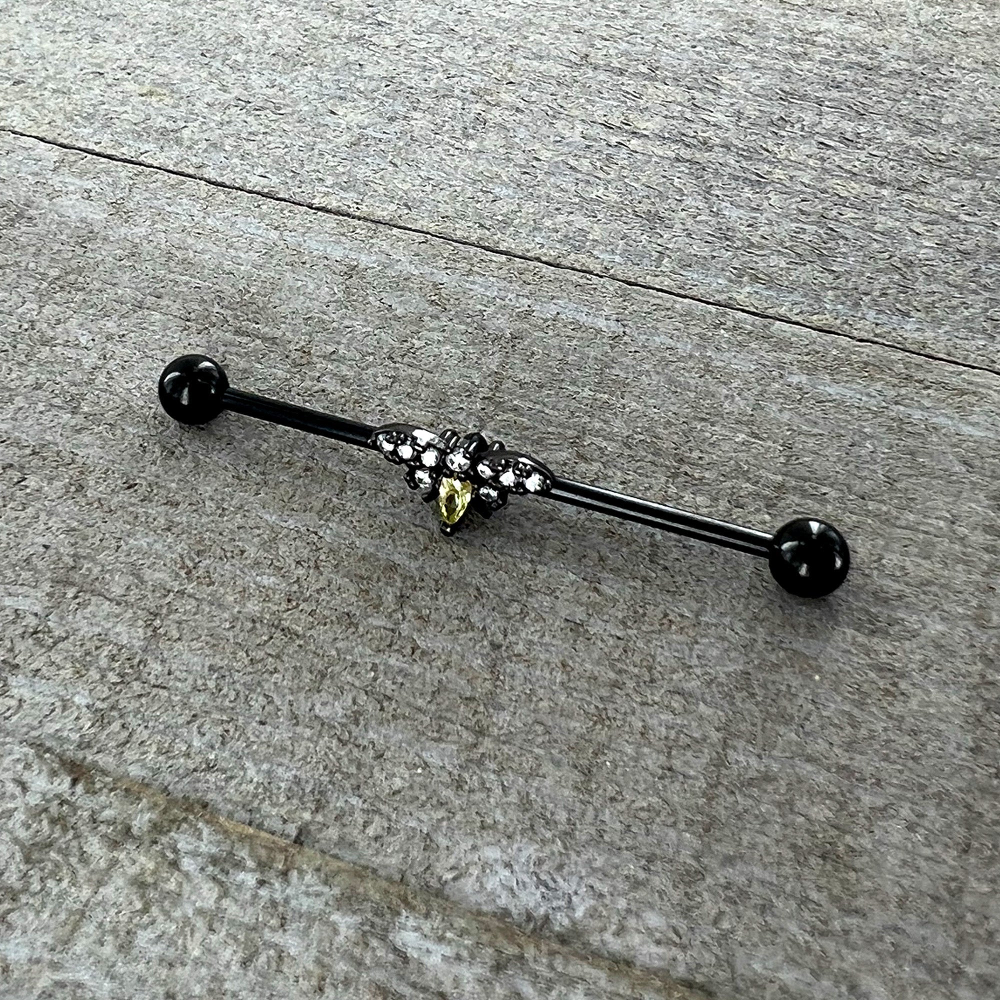 BodyCandy 14G Yellow Clear Gem Black Butterfly Industrial Barbell 38mm — alternative angle