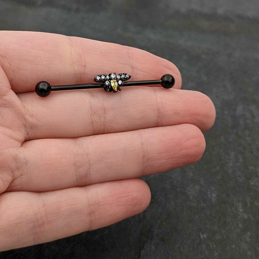 BodyCandy 14G Yellow Clear Gem Black Butterfly Industrial Barbell 38mm — in-use photo