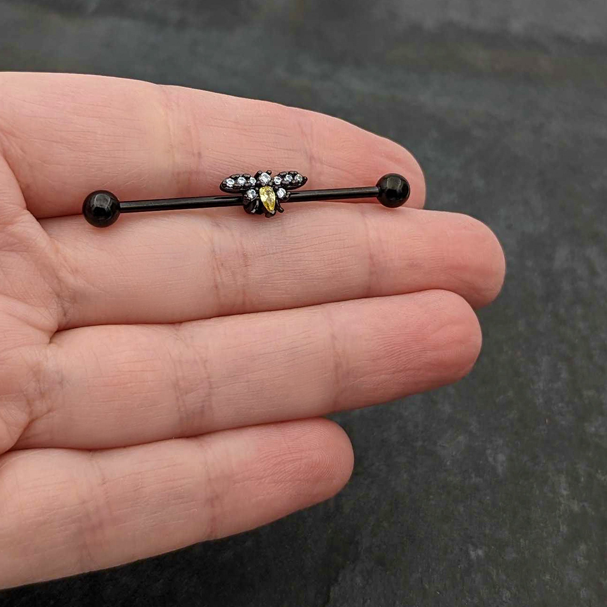 BodyCandy 14G Yellow Clear Gem Black Butterfly Industrial Barbell 38mm — in-use photo