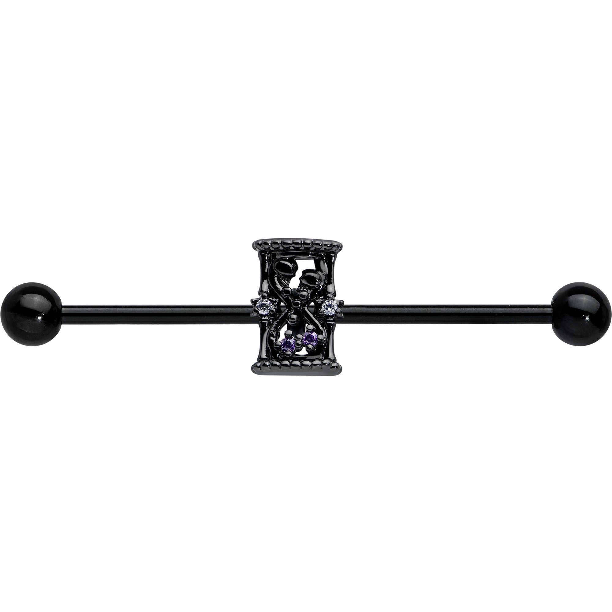 BodyCandy 14G Purple Gem Black Gothic Hourglass Industrial Barbell 38mm — detail close-up