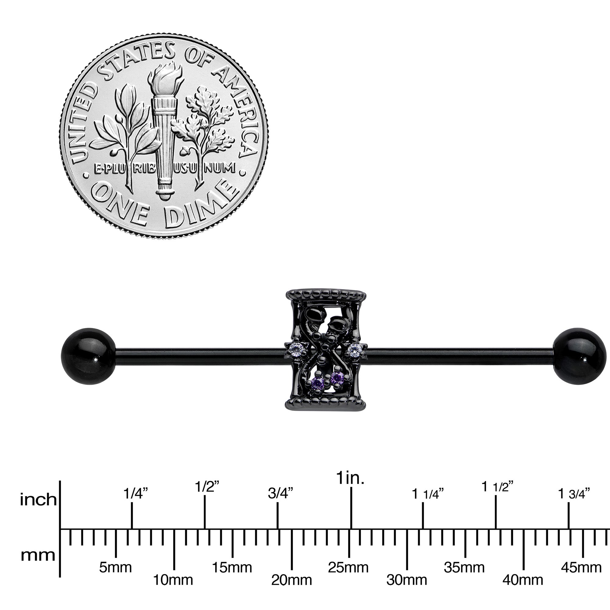 BodyCandy 14G Purple Gem Black Gothic Hourglass Industrial Barbell 38mm — lifestyle context