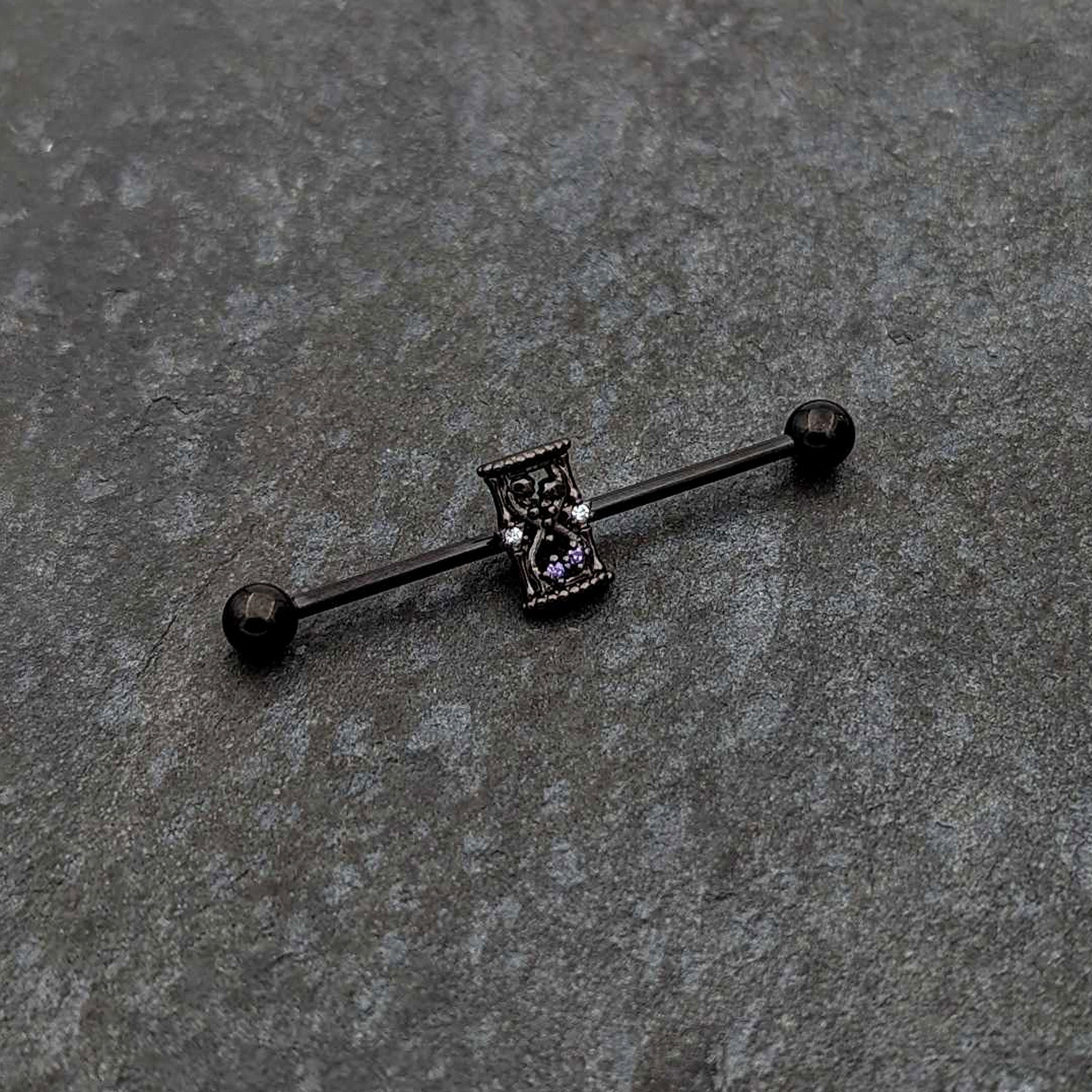 BodyCandy 14G Purple Gem Black Gothic Hourglass Industrial Barbell 38mm — side view