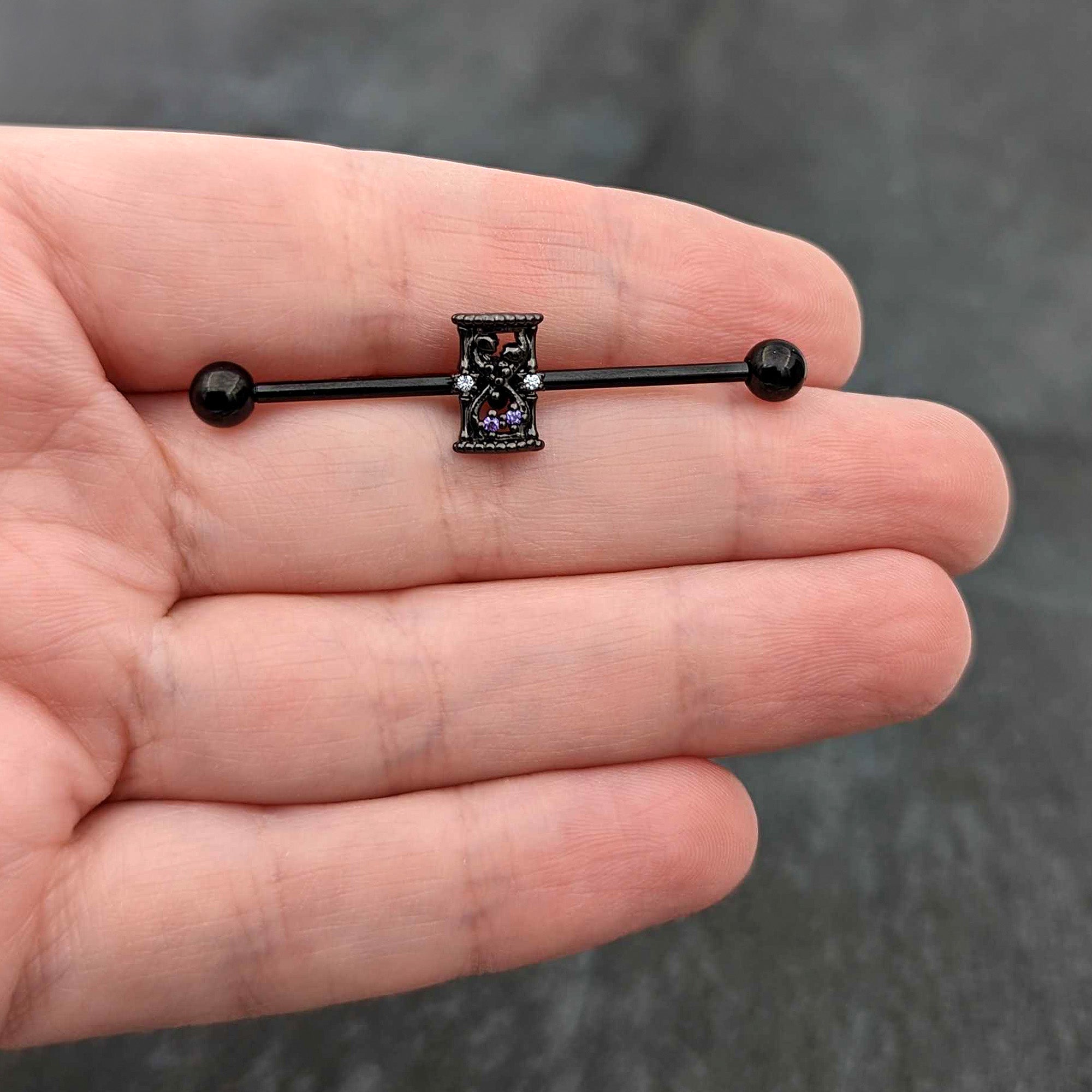 BodyCandy 14G Purple Gem Black Gothic Hourglass Industrial Barbell 38mm — in-use photo