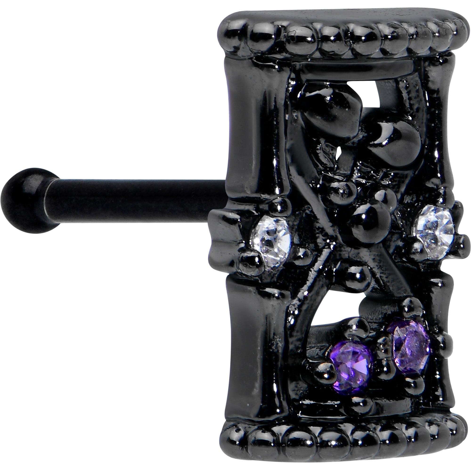 BodyCandy 20G 1/4 Purple Clear Gem Black Gothic Hourglass Nose Bone — main product shot