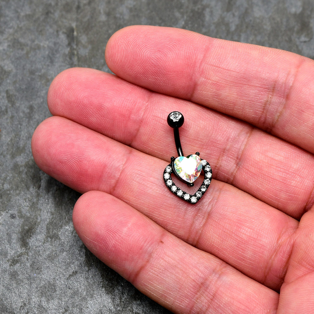 BodyCandy Clear Aurora Gem Black Rococo Hearts Belly Ring — detail close-up