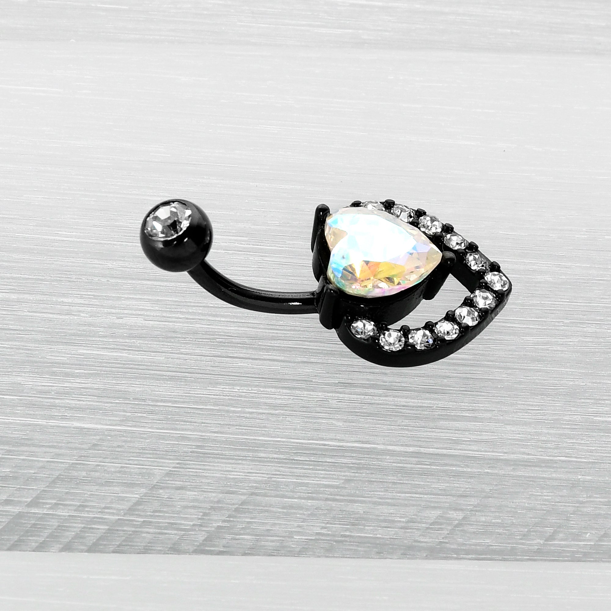 BodyCandy Clear Aurora Gem Black Rococo Hearts Belly Ring — back view