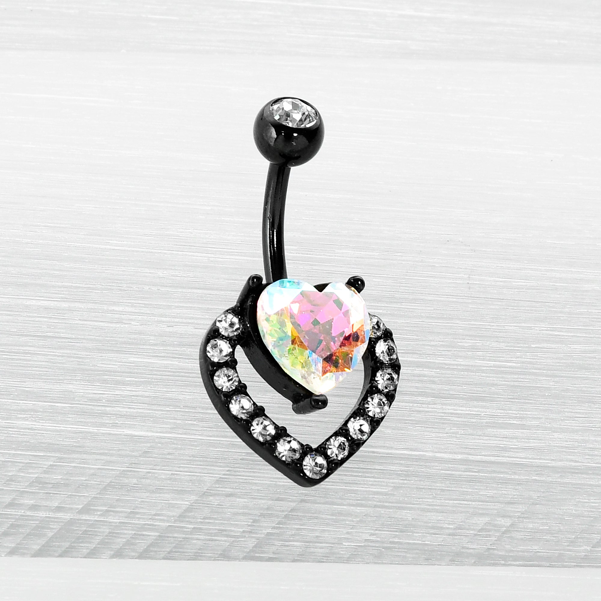 BodyCandy Clear Aurora Gem Black Rococo Hearts Belly Ring — in-use photo